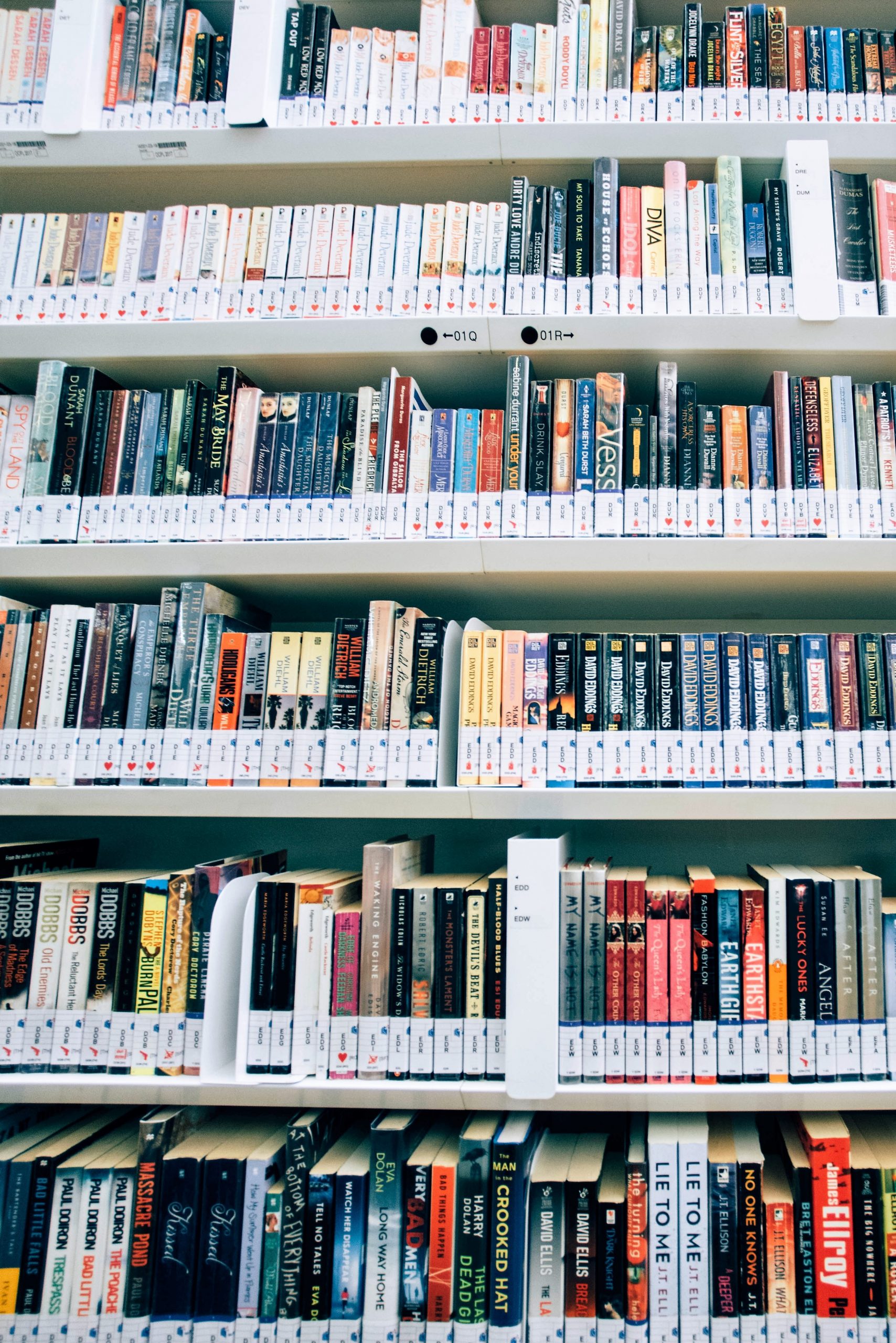 lots of books showing titles on shelves