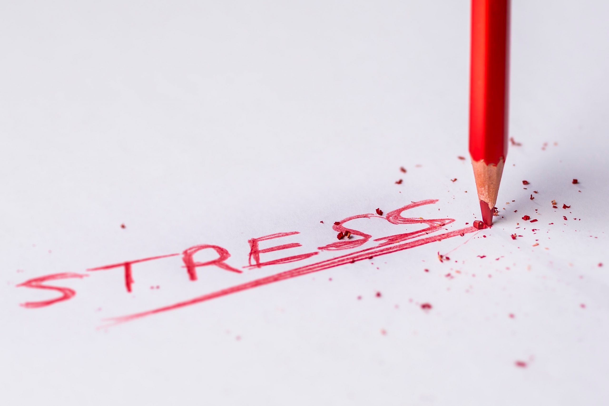 a red pencil writing the word "stress"