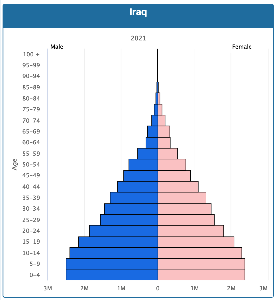 Population pyramid for Iraq, stage 2 of the demographic transition.