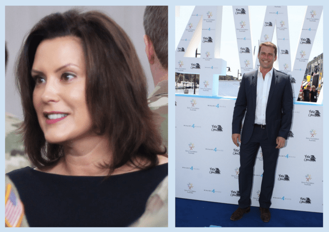 two images, one of Michigan Governor Gretchen Whitmer and Australian newscaster Karl Stefanovik.