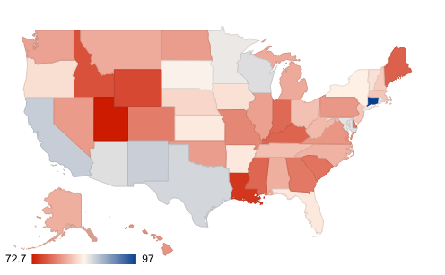 U.S. map showing Women’s Earnings as a Percentage of Men’s Earnings, 2016, with Utah having the largest pay gap and Connecticut having the lowest pay gap. California, Arizona, New Mexico, Texas, Minnesota, Wisconsin and Maryland have the lowest pay gap after Connecticut, while Idaho, Wyoming, Louisiana and Maine have the highest pay gaps after Idaho.