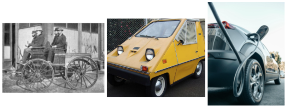image of 3 electric cars from 3 eras, the early 1900's, the 1970's and today.