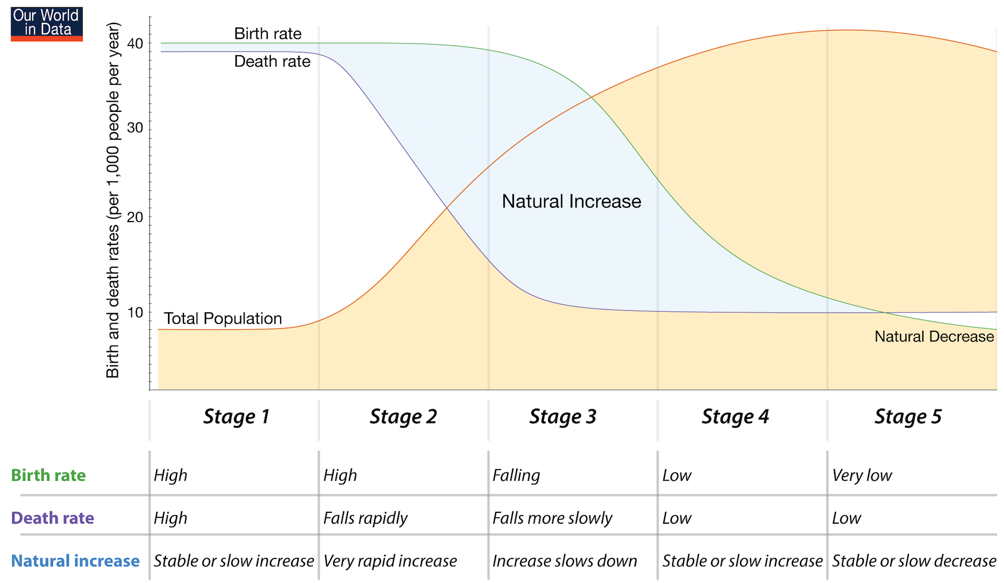 Graphic representing the demographic transition model, showing each stage, 1-5, and the corresponding birth and death rates, along with information on total population. Stage 1, high birth rate and high death rate, low total population; stage 2, high birth rate and dropping death rate, total population starts to grow; stage 3, low death rate and dropping birth rate and growing total population; stage 4 has low death rate and low birth rate, total population still growing; and stage 5 with birth rate dropping below death rate, both at low levels and total population declining.