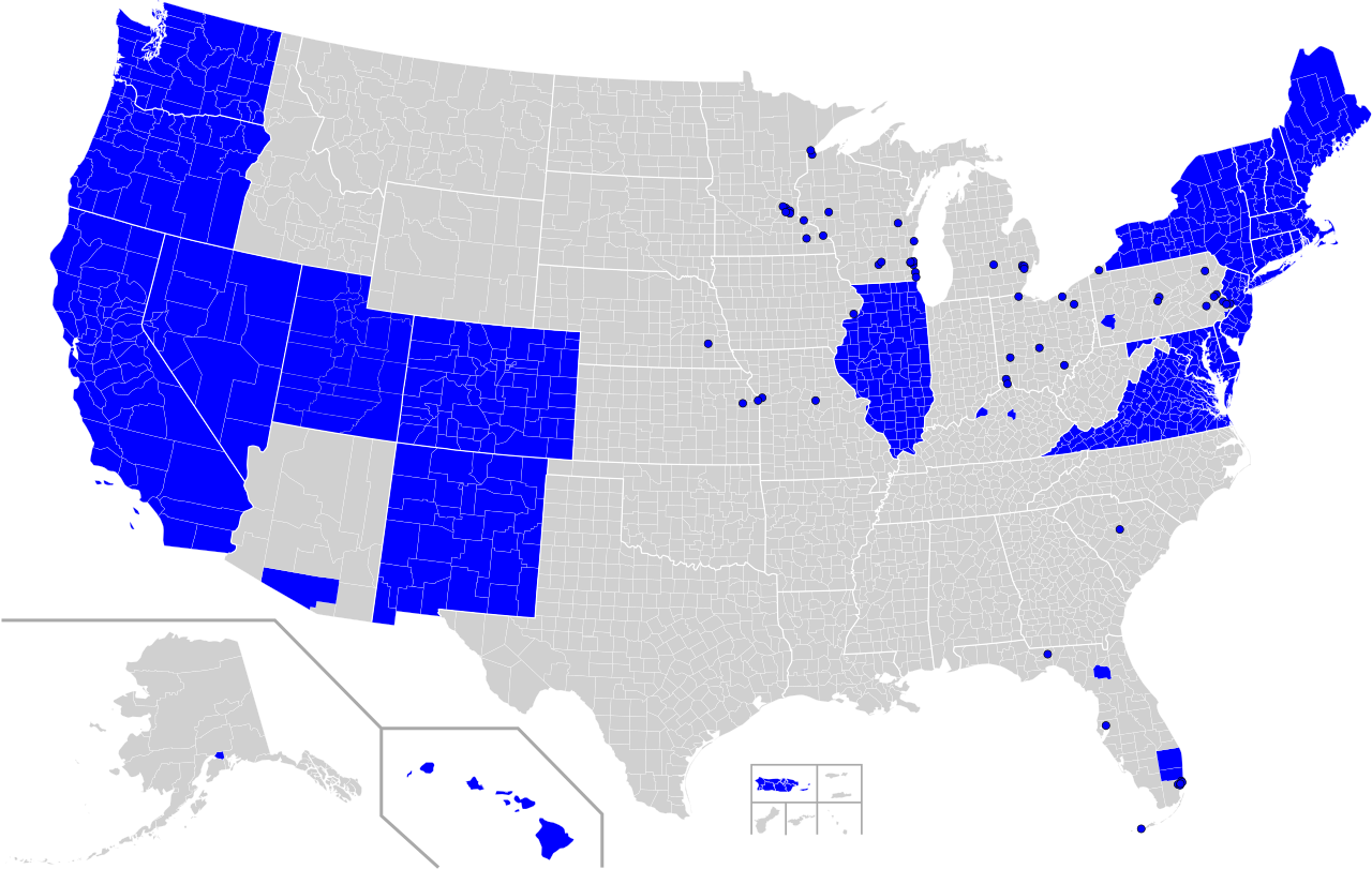 Map of the U.S. showing the states that have banned conversion therapy, including mostly states in the northeast, west and southwest, and also Illinois, Virginia, Hawaii, as well as Puerto Rico.