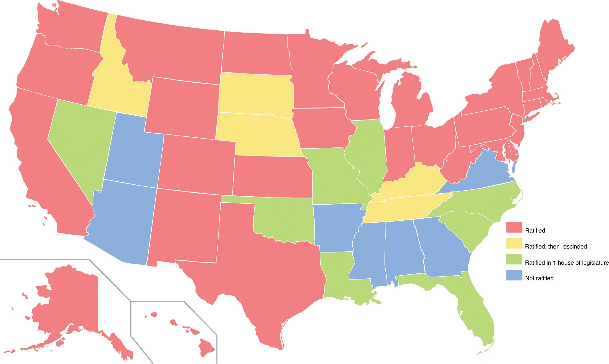 Map of the U.S. showing the status of the Equal Rights Amendment support in each state.