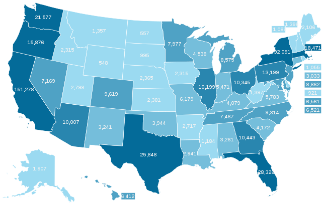 Map of the U.S. showing the number of homeless people in each state, with California having the highest number at 151,278 and Wyoming have the lowest number with 548.