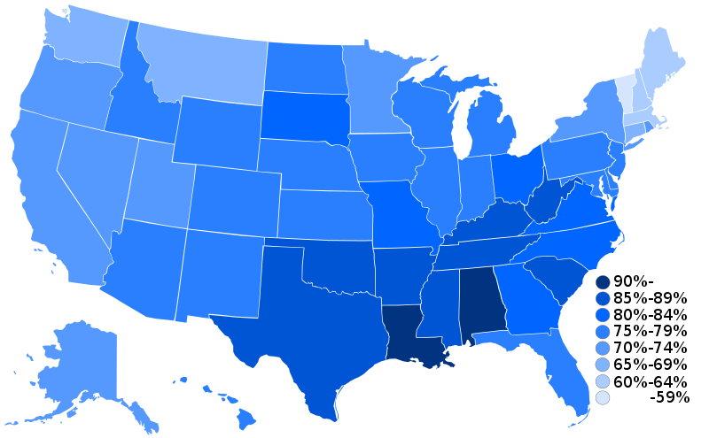 U.S. map showing Percentage of respondents in the USA stating that religion is "very important" or "somewhat important" to their lives. It is primarily the states in the south and Appalachian region with the highest rates, with Louisiana and Alabama ranking the highest with 90% or more. States with the lowest rates are primarily in the northeast and west, with Vermont having the lowest rate and 59% or less.