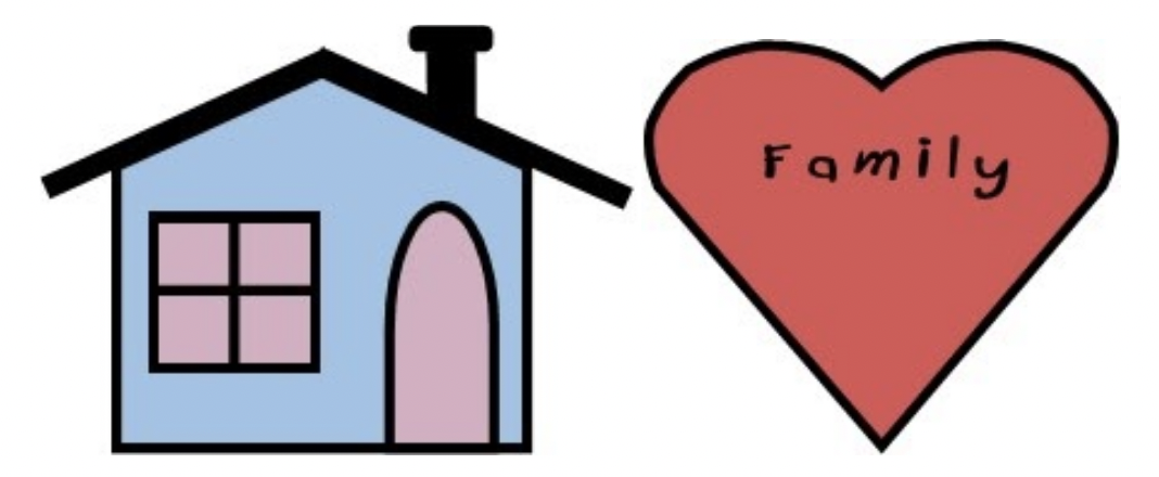 graphic showing a house next to a heart inscribed with the word family