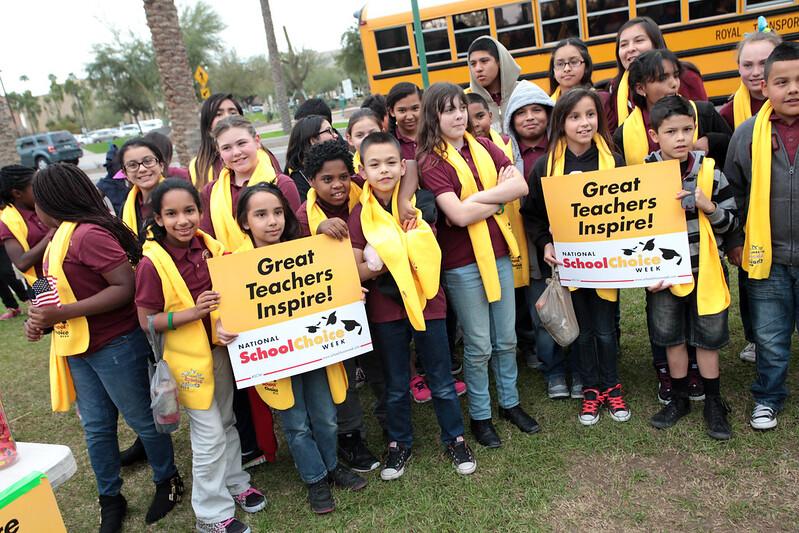 Photo of group of children at a pro-school choice rally, holding signs reading, "Great Teachers Inspire!"
